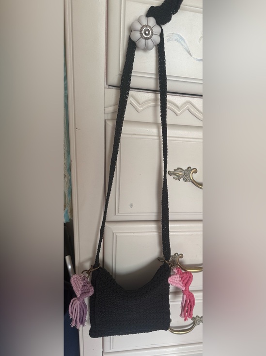 Handbags - Black Crochet Crossbody Bag with Pink & Lavender Tassels